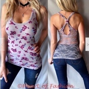 Women's Juniors Floral Sheer Lace Cutout Sleeveless Racerback Tank Top Tee Shirt
